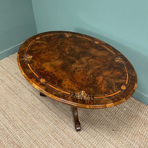 MAGNIFICENT FIGURED WALNUT INLAID ANTIQUE OVAL WALNUT DINING TABLE - ADDITIONAL PHOTO 6