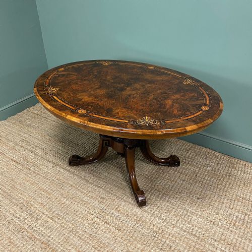 MAGNIFICENT FIGURED WALNUT INLAID ANTIQUE OVAL WALNUT DINING TABLE - ADDITIONAL PHOTO 8