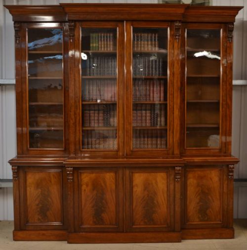 MAGNIFICENT HUGE FIGURED MAHOGANY REGENCY BREAK FRONTED LIBRARY BOOKCASE
