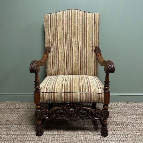 QUALITY LARGE UPHOLSTERED ANTIQUE ARM CHAIR THRONE CHAIR - ADDITIONAL PHOTO 1