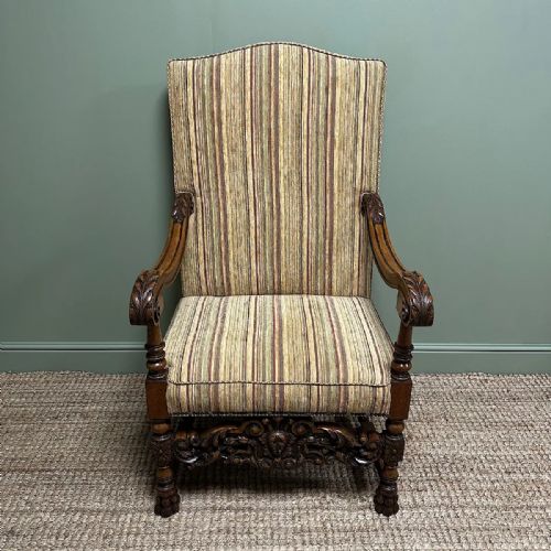 QUALITY LARGE UPHOLSTERED ANTIQUE ARM CHAIR THRONE CHAIR - ADDITIONAL PHOTO 2