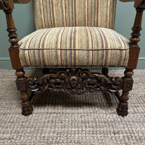 QUALITY LARGE UPHOLSTERED ANTIQUE ARM CHAIR THRONE CHAIR - ADDITIONAL PHOTO 6