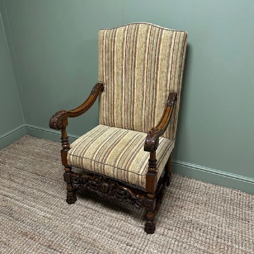 QUALITY LARGE UPHOLSTERED ANTIQUE ARM CHAIR THRONE CHAIR - ADDITIONAL PHOTO 8