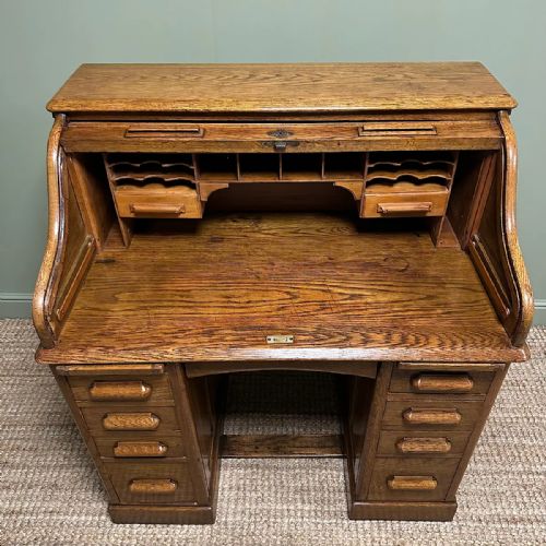 QUALITY ANTIQUE OAK ROLL TOP DESK BY LEBUS - ADDITIONAL PHOTO 4