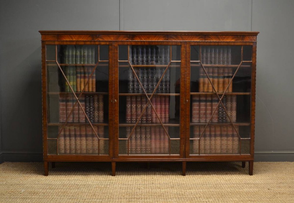 Superb Quality Antique Edwardian Mahogany Three Door Glazed Bookcase - by Duce & Co.