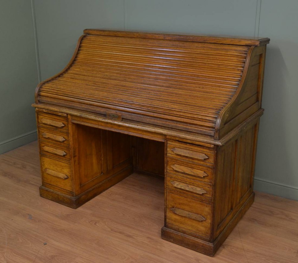 Large Antique Edwardian Oak Roll Top Tambour Front Desk