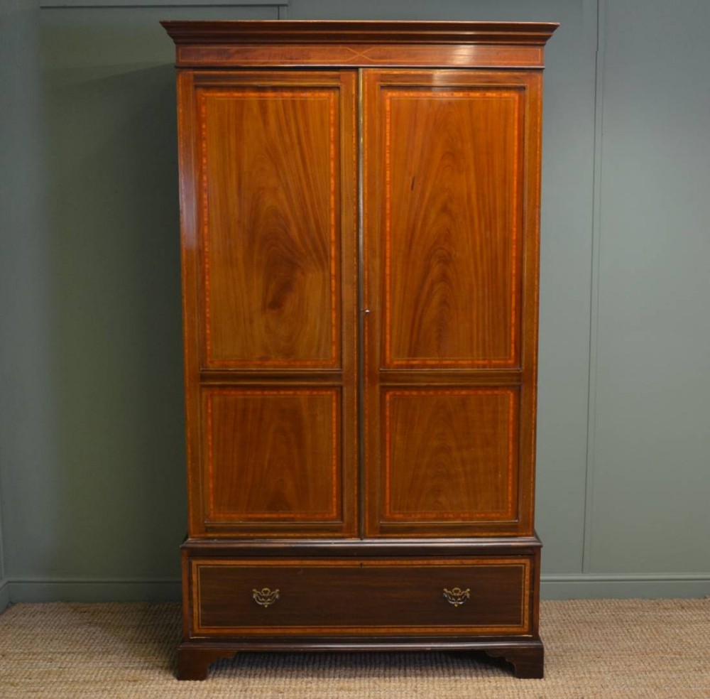Large Edwardian Inlaid Mahogany Antique Double Wardrobe