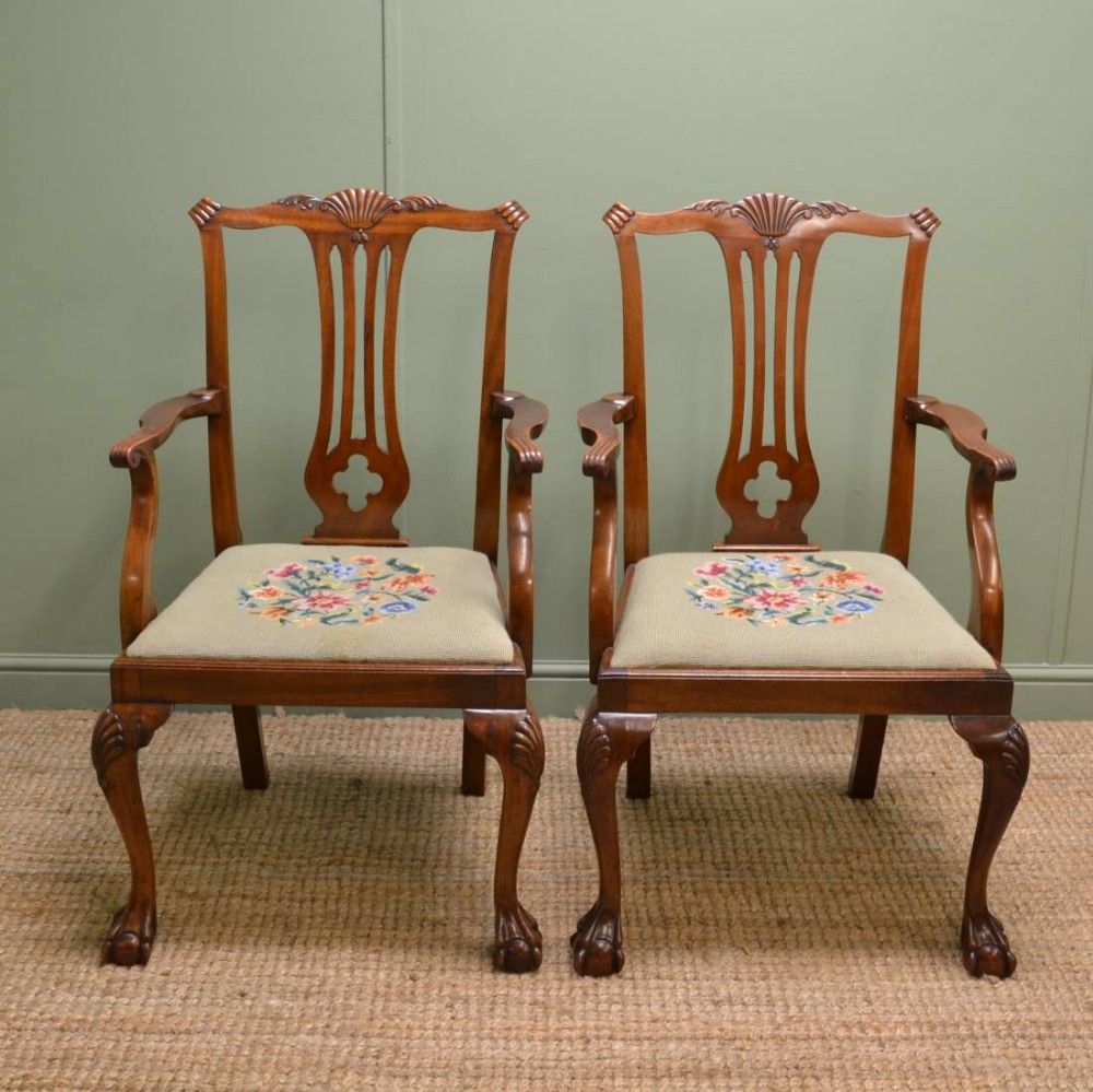 Pair of Edwardian, Chippendale Style, Mahogany Antique Carver Armchairs