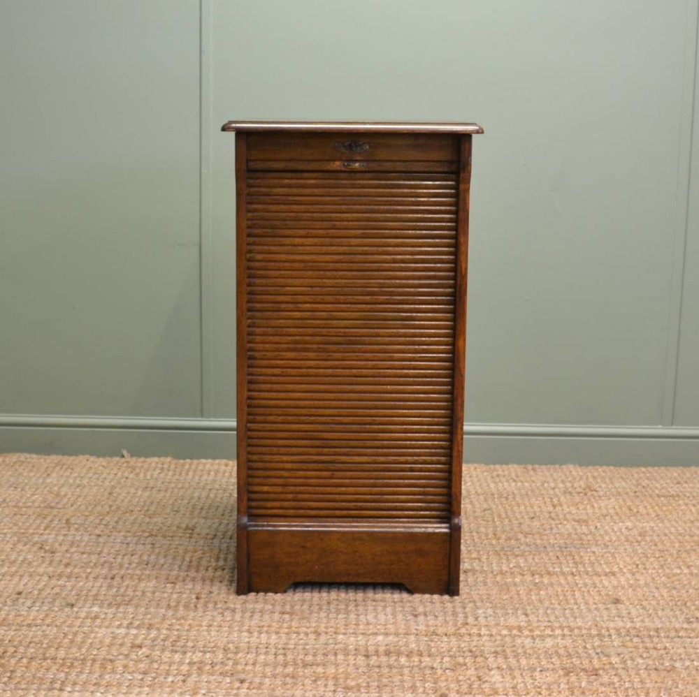 Unusual Edwardian Oak Antique Tambour Front Filing Cabinet