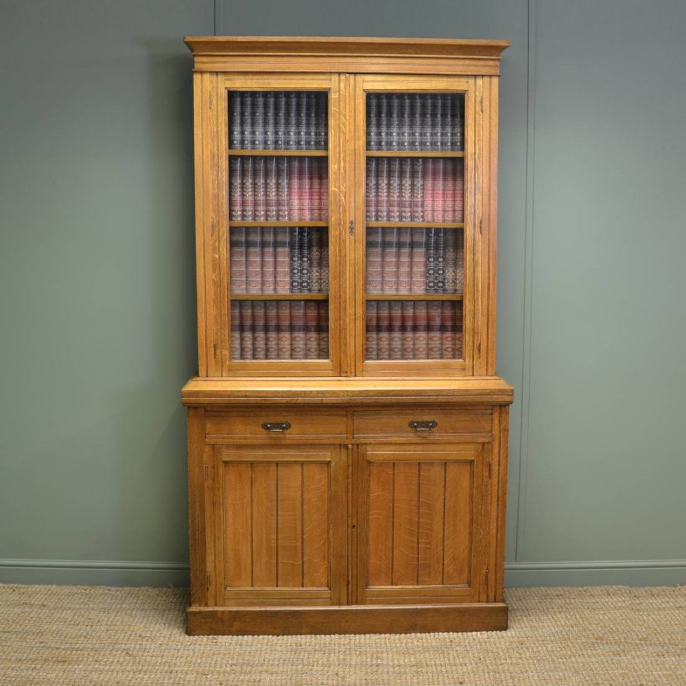 Golden Oak Antique Victorian Glazed Bookcase on Cupboard