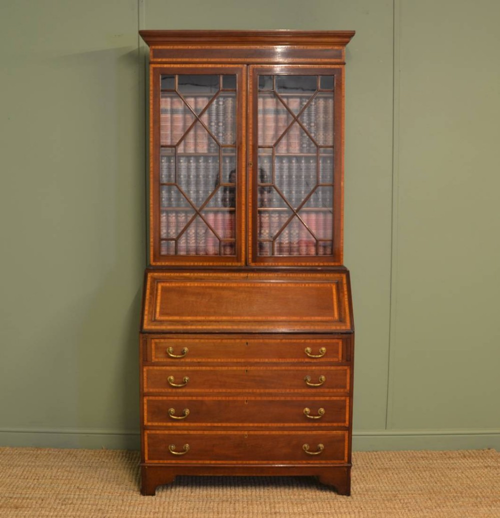 Quality Inlaid Edwardian Mahogany Antique Bureau Bookcase