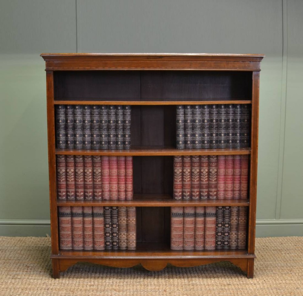 Inlaid Antique Edwardian Walnut Open Bookcase