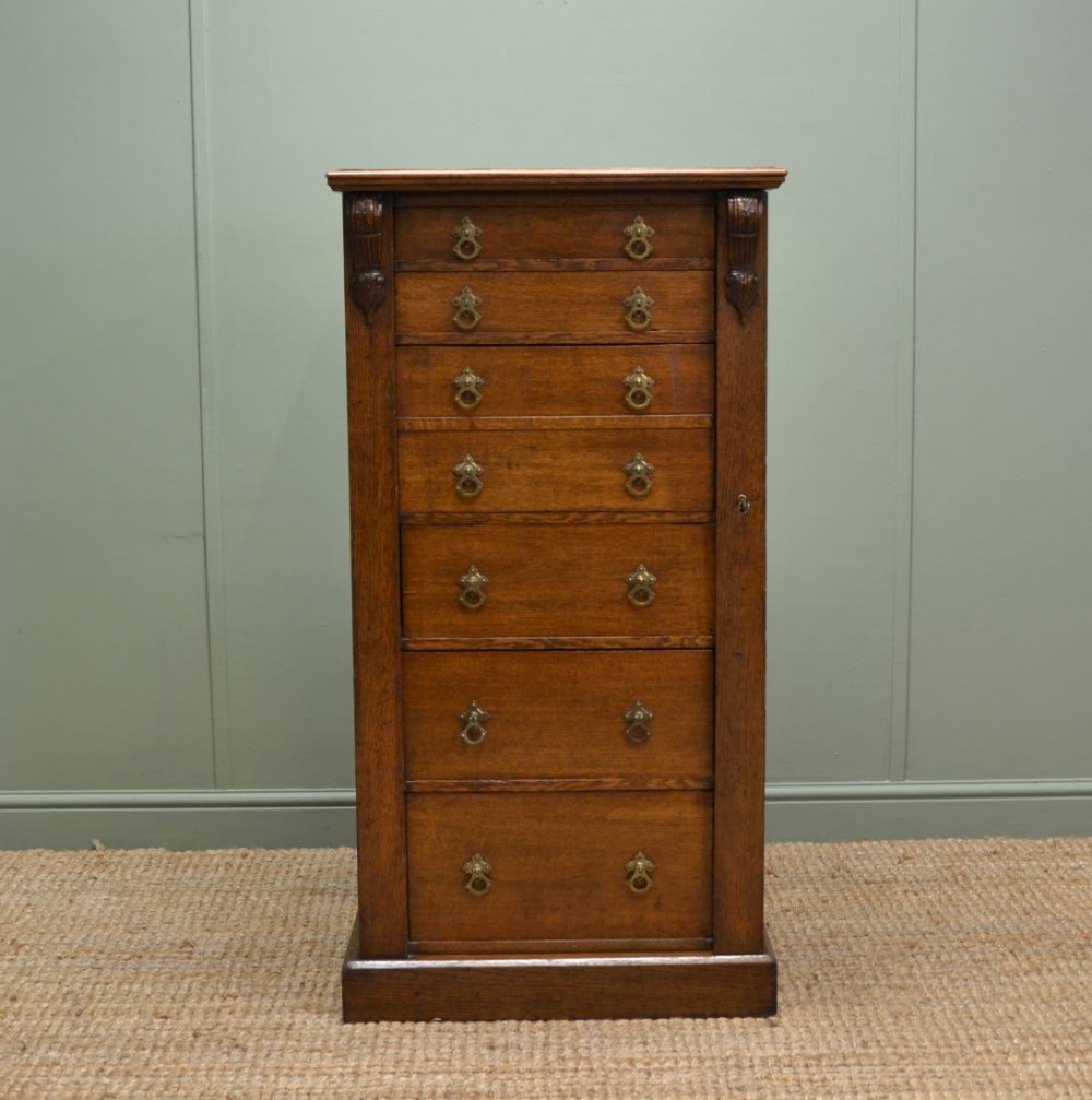 Characterful Antique Victorian Oak Wellington Chest with Secretaire Drawer