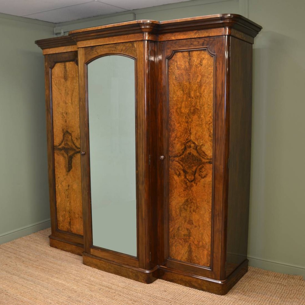 Figured Walnut, Antique Victorian, Large Break Fronted Triple Wardrobe