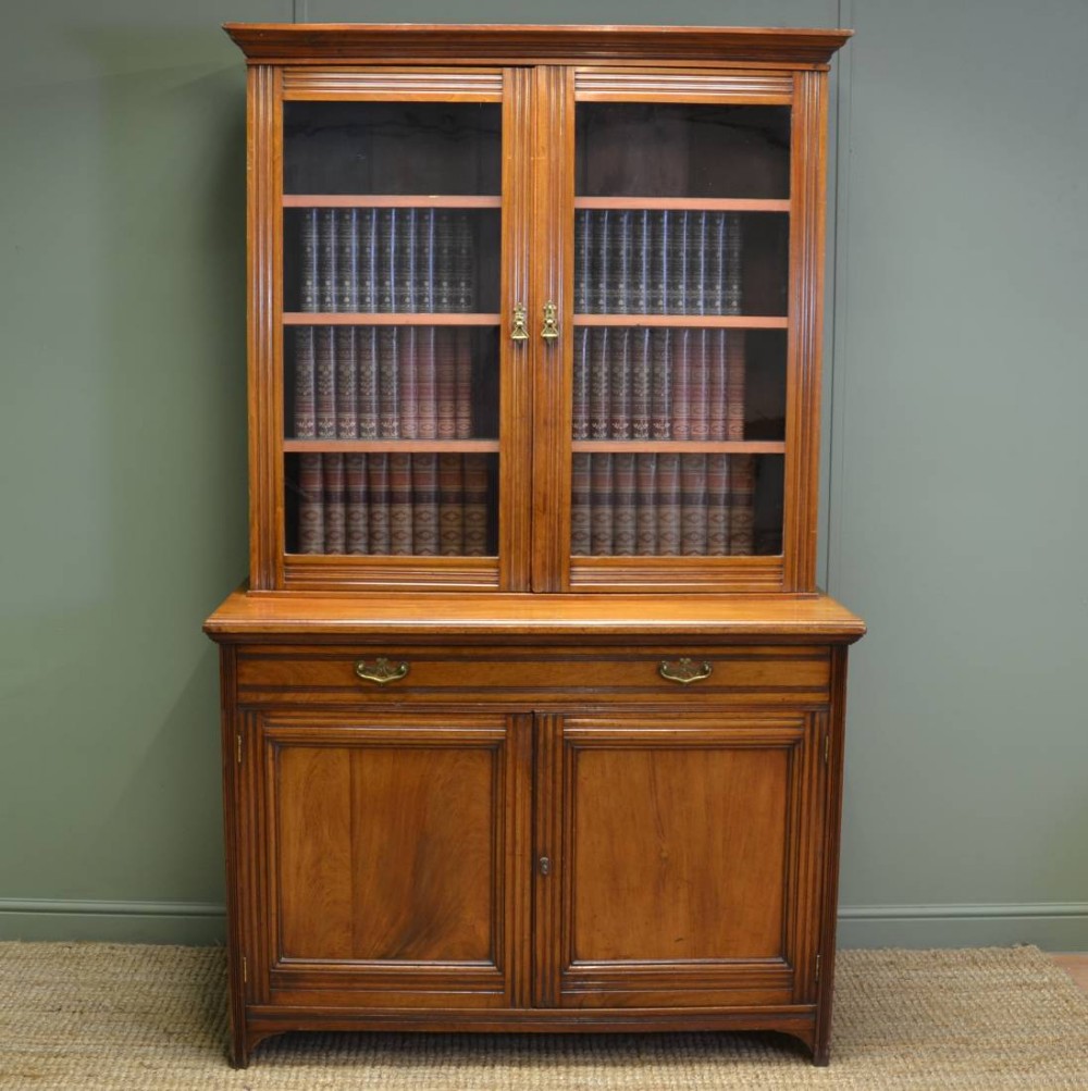 Large Victorian Walnut Arts & Crafts Glazed Antique Bookcase.