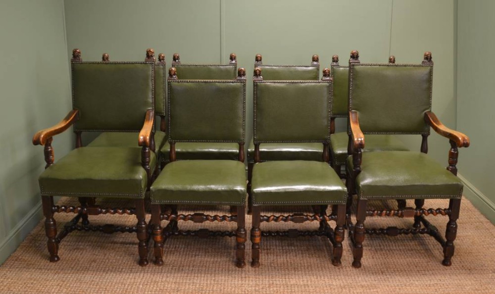 Unusual Set of Eight Solid Oak Antique Dining Chairs