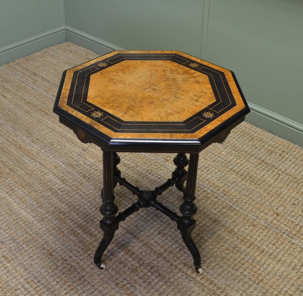 Quality Victorian Arts & Crafts Burr Walnut & Ebonised Occasional Table.