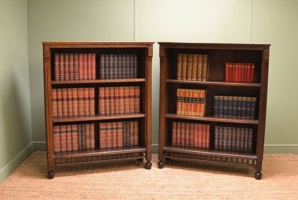 Unusual Pair of Victorian Oak Arts & Crafts Antique Open Bookcases