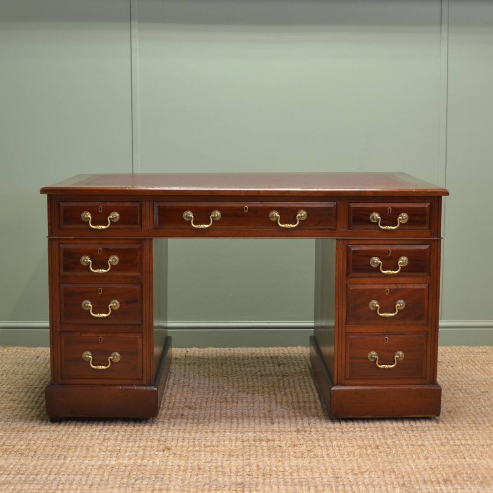Quality Victorian Walnut Antique Pedestal Desk with Leather Top