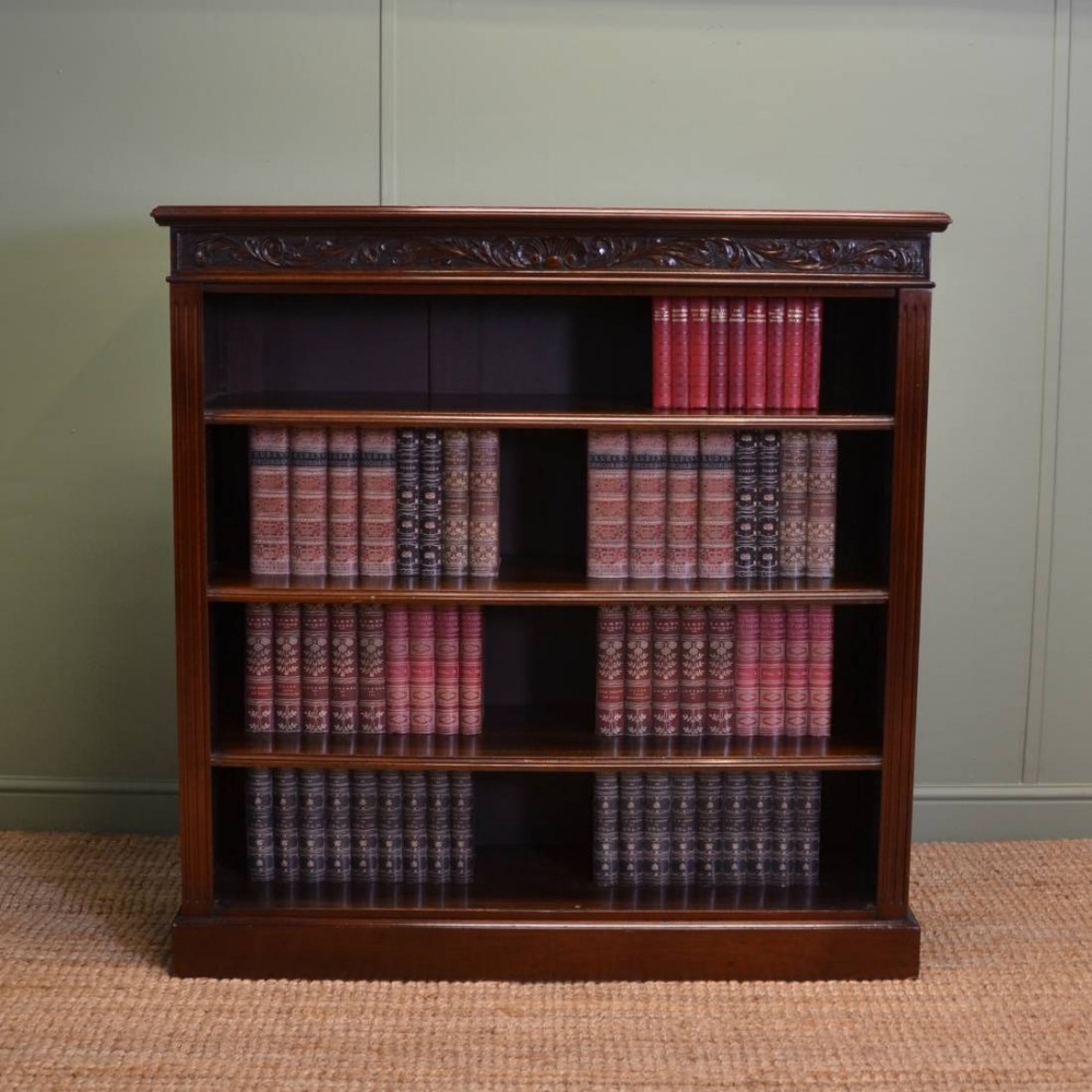 Quality Victorian Walnut Antique Open Bookcase with Decorative Carved Edge