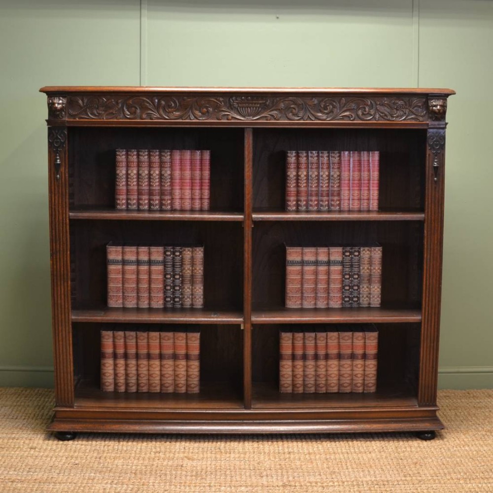 Large Victorian Oak Antique Open Bookcase with Lion Head Carvings