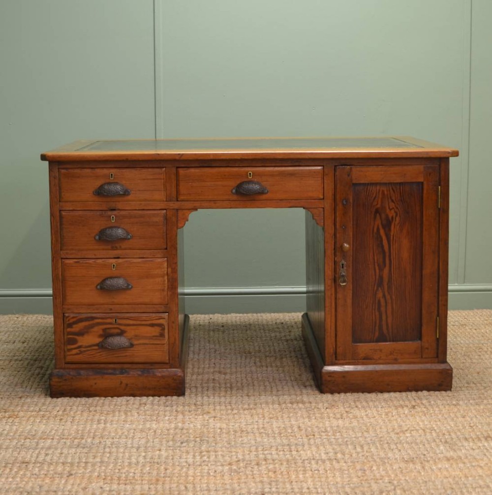 Unusual Victorian Antique Pitch Pine Pedestal Desk