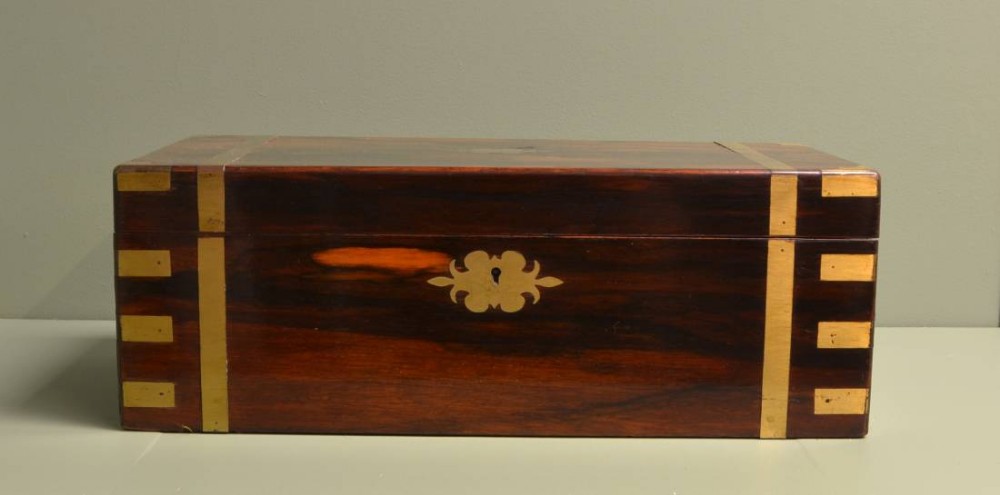 Large Victorian Figured Rosewood Antique Writing Slope with Brass Inlay