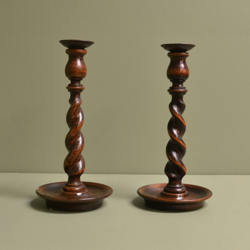 Attractive Pair of Antique Edwardian Barley Twist Oak Candlesticks.