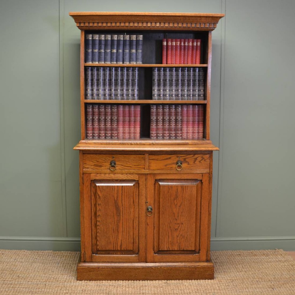 Solid Oak Antique Edwardian Bookcase on Cupboard