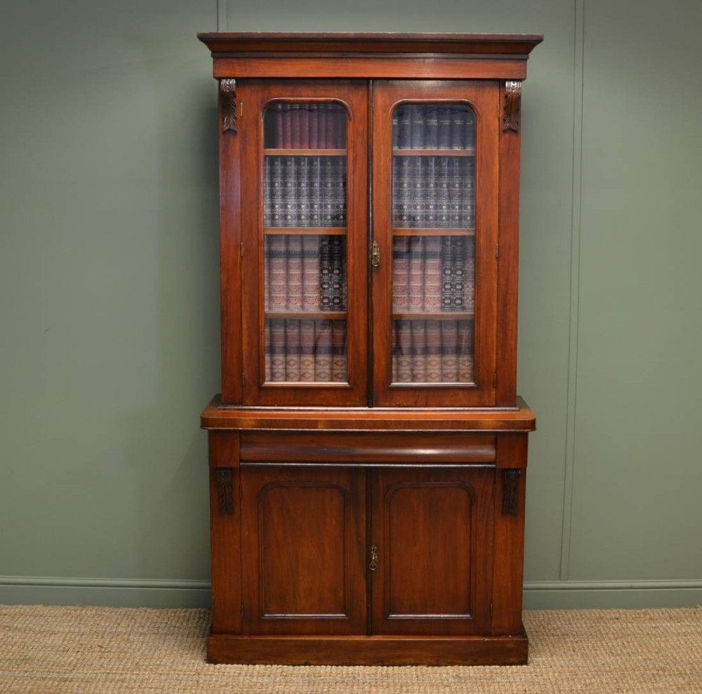 Victorian Walnut Antique Glazed Bookcase On Cupboard