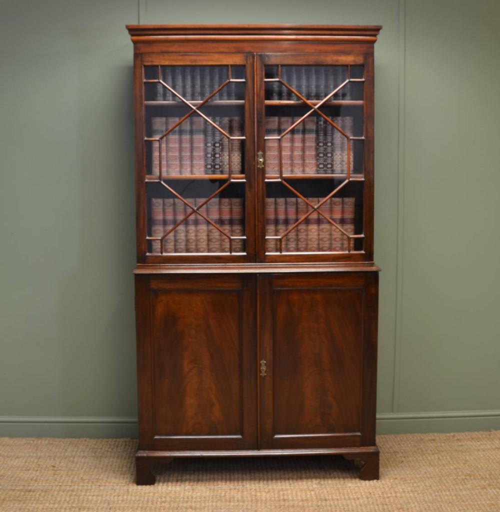 Attractive Georgian Mahogany Antique Bookcase On Cupboard