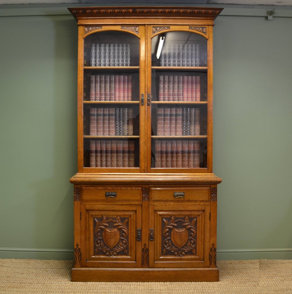 Quality Solid Oak Victorian Antique Bookcase On Cupboard