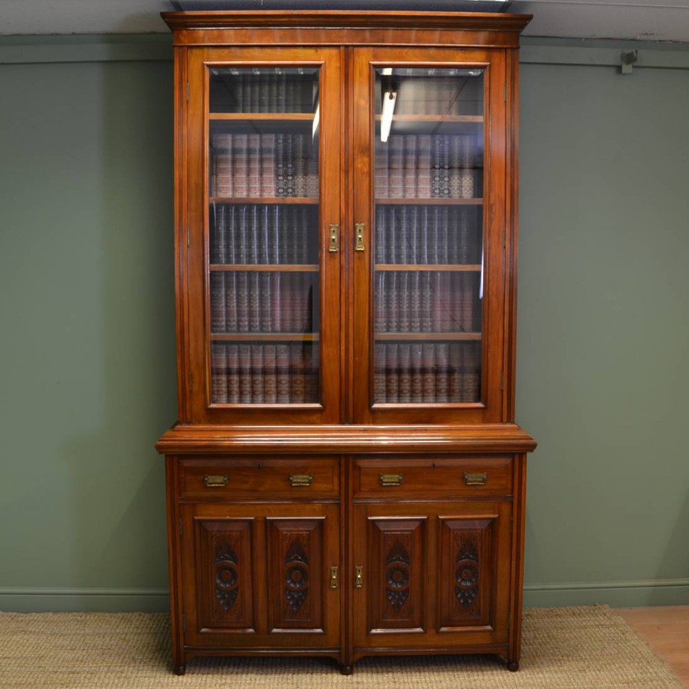 Large Victorian Solid Walnut Antique Bookcase On Cupboard