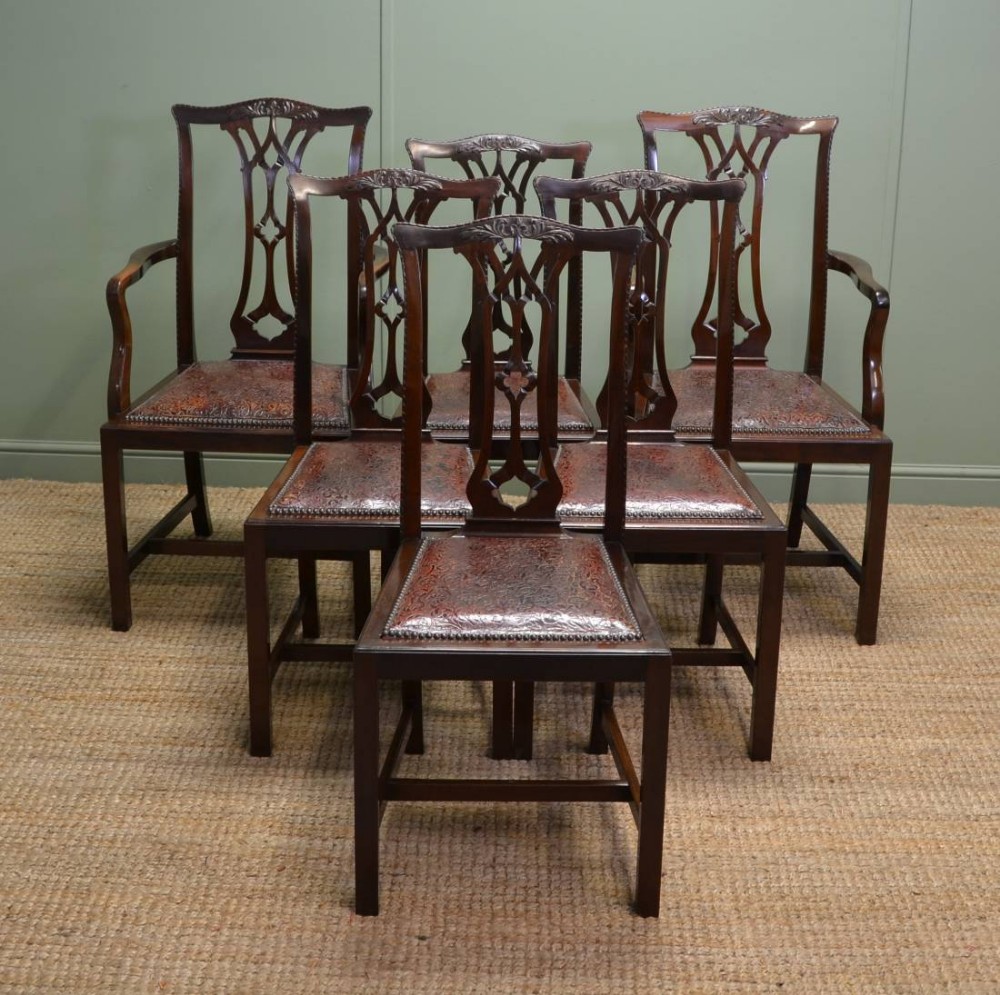 Unusual Set Of Leather Embossed Edwardian Antique Walnut Dining Chairs