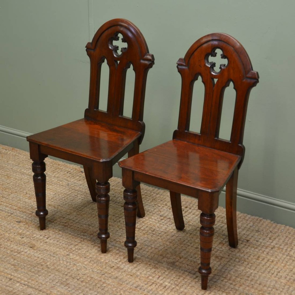 Pair of Antique Victorian Walnut Gothic Hall Chairs