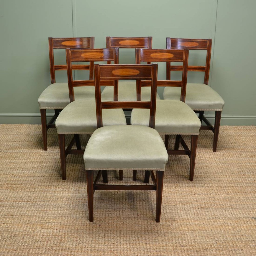 Stunning Set Of Six Regency Inlaid Mahogany Antique Dining Chairs