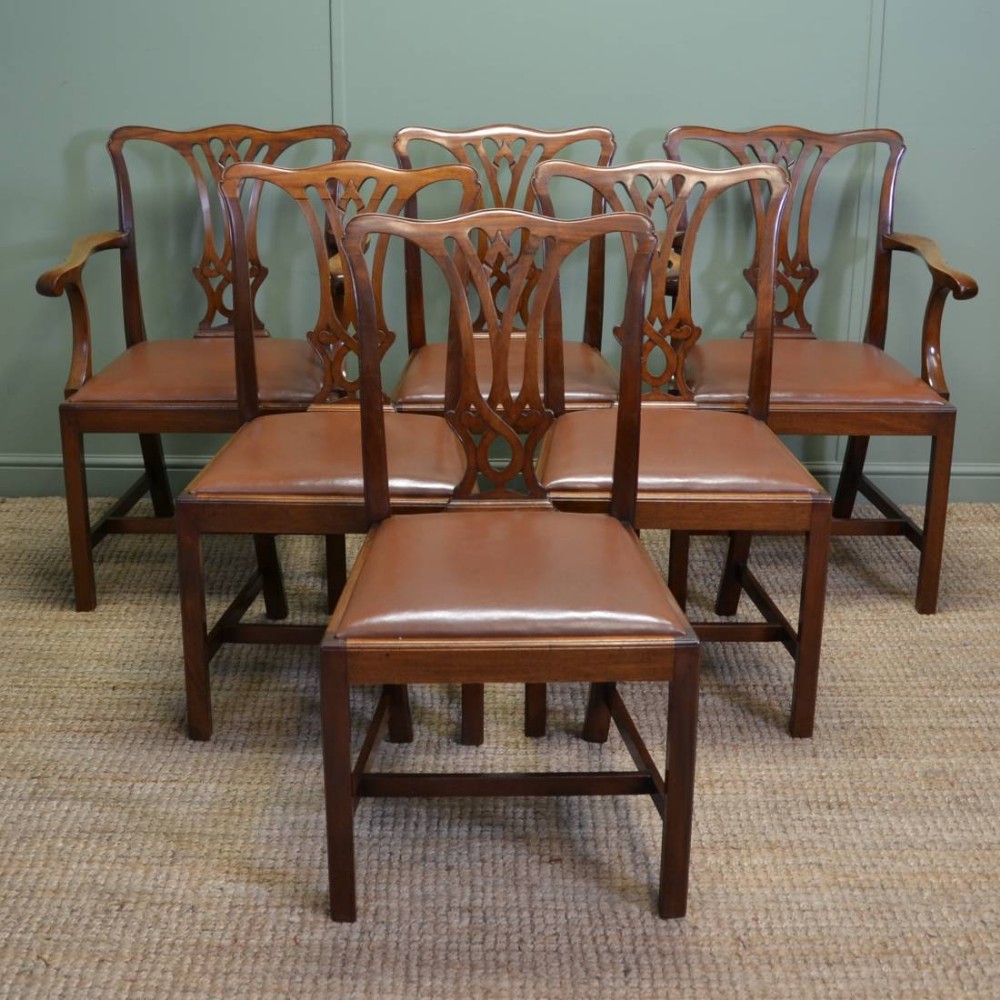 Stunning Set Of Six Edwardian Warm Mahogany Chippendale Design Antique Dinning Chairs.