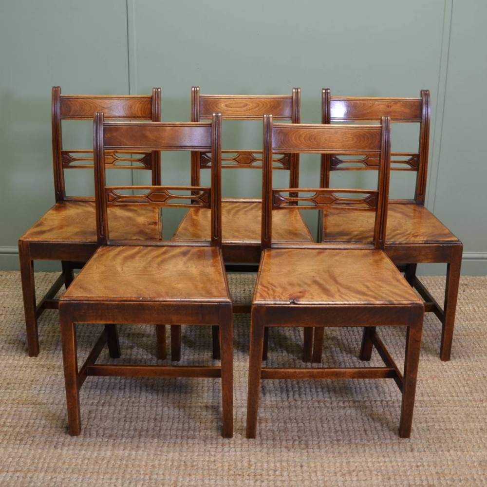 Set Of Five Unusual County Fruitwood Antique Dining Chairs