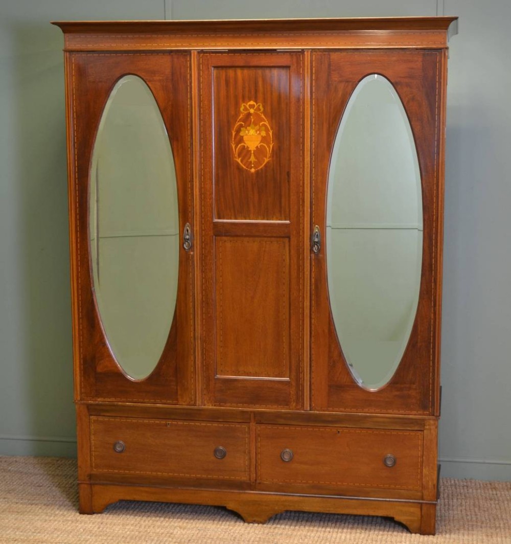 Inlaid Edwardian Antique Mahogany Double Wardrobe