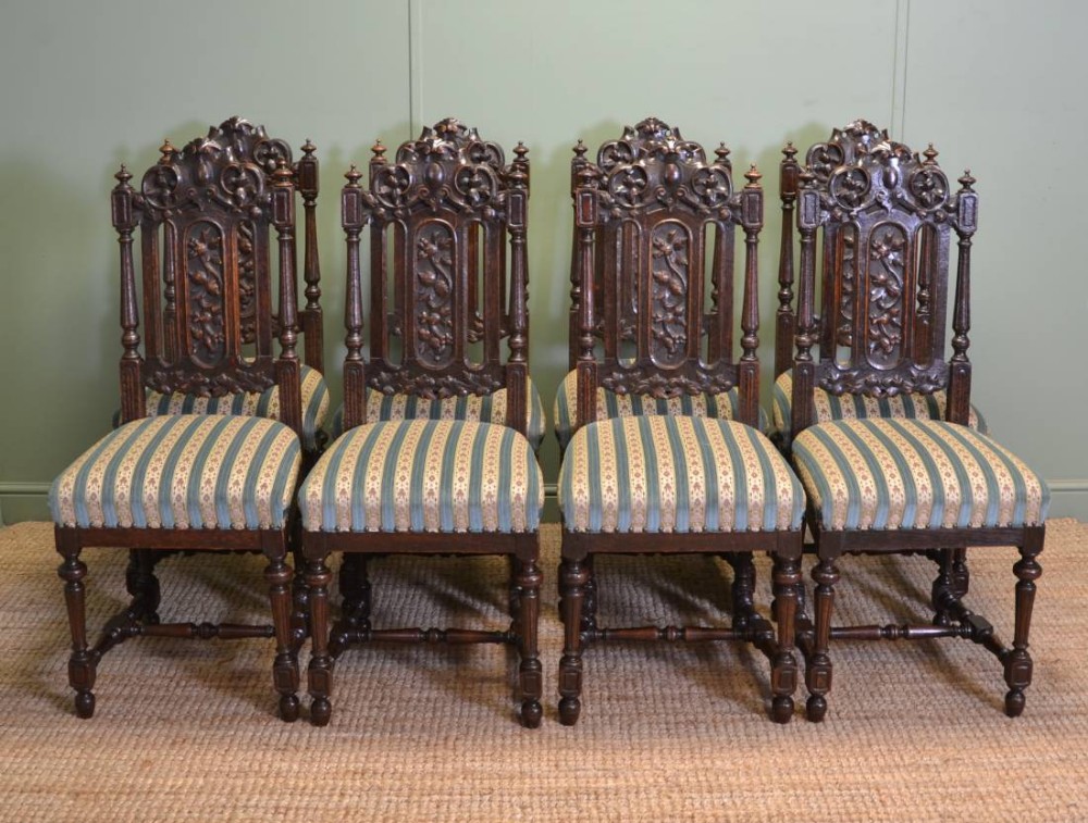 Beautiful Set Of Eight Quality Victorian Carved Oak High Back Antique Dining Chairs