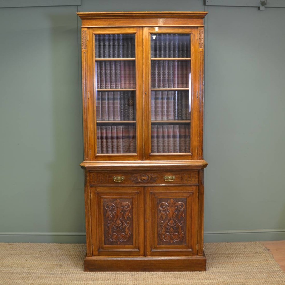 Quality Victorian Oak Antique Glazed Bookcase On Cupboard