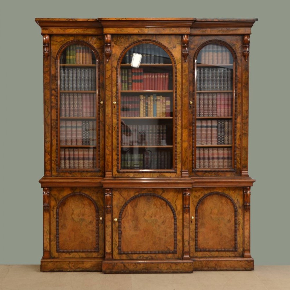 Magnificent Victorian Break Front Burr Walnut Antique Library Bookcase