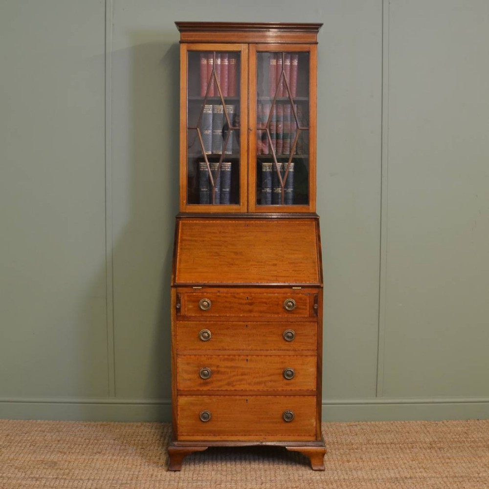 Unusual Edwardian Inlaid Mahogany Bureau Bookcase of Small Proportions