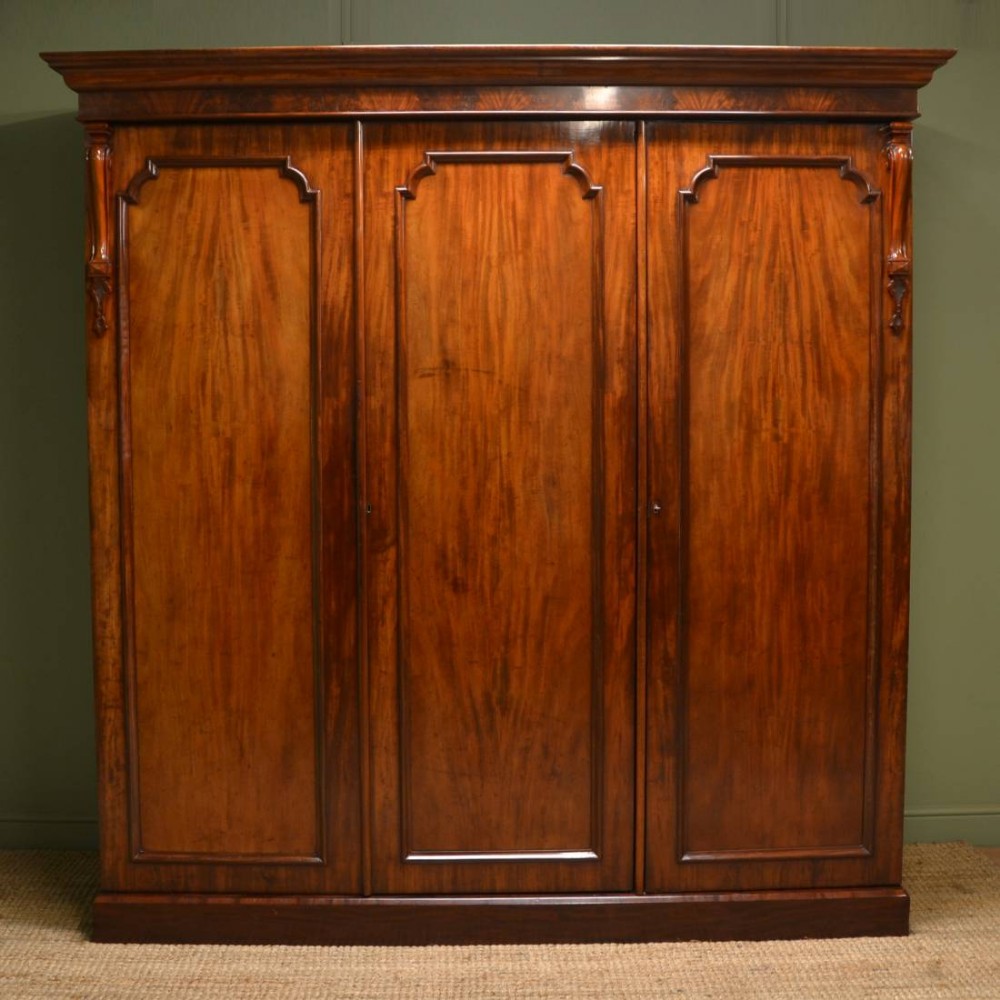 Spectacular Quality Figured Mahogany Early Victorian Antique Triple Wardrobe