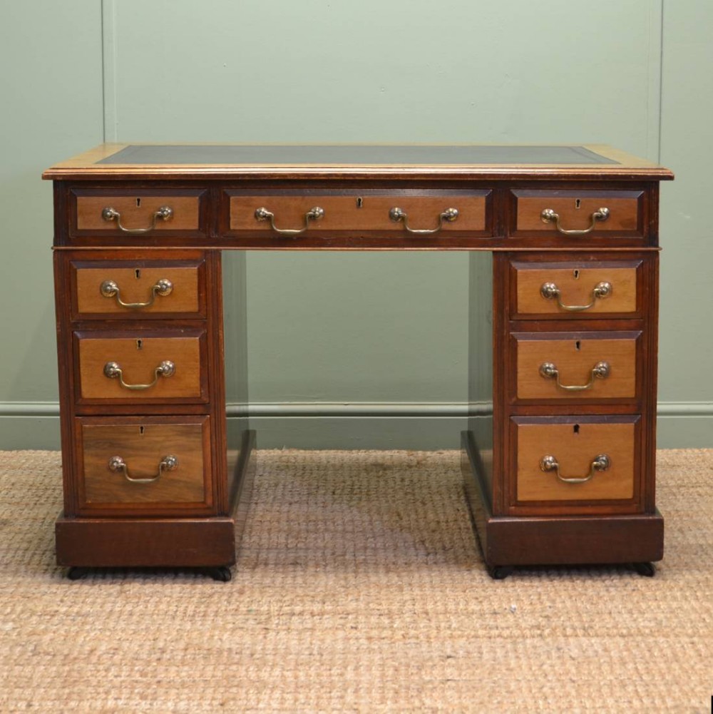 Small Walnut And Birch Antique Victorian Pedestal Desk