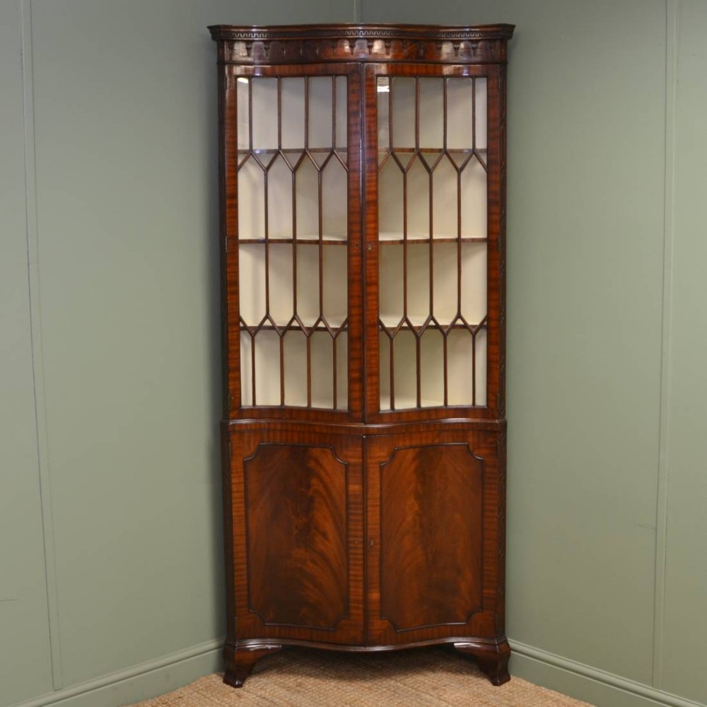 Unusual Serpentine Edwardian Mahogany Antique Glazed Floor Standing Corner Cupboard