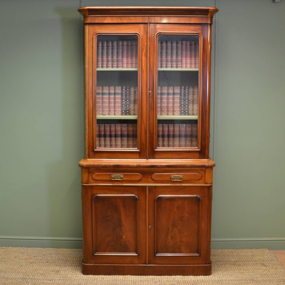 Victorian Mellow Mahogany Antique Bookcase On Cupboard