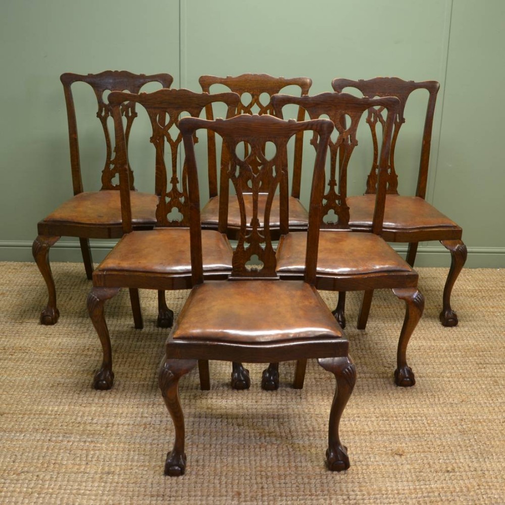 Set Of Six Chippendale Design Edwardian Oak Dining Chairs