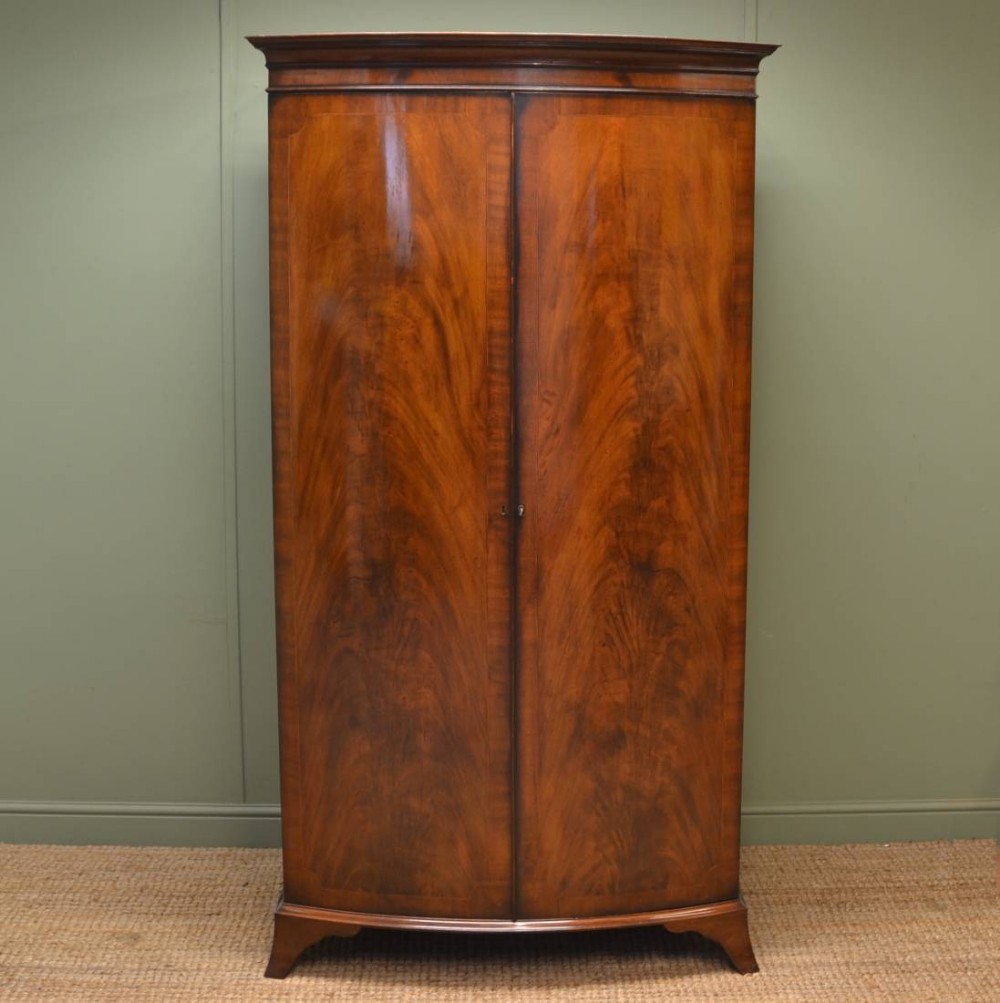 Edwardian Figured Mahogany Bow Fronted Antique Wardrobe