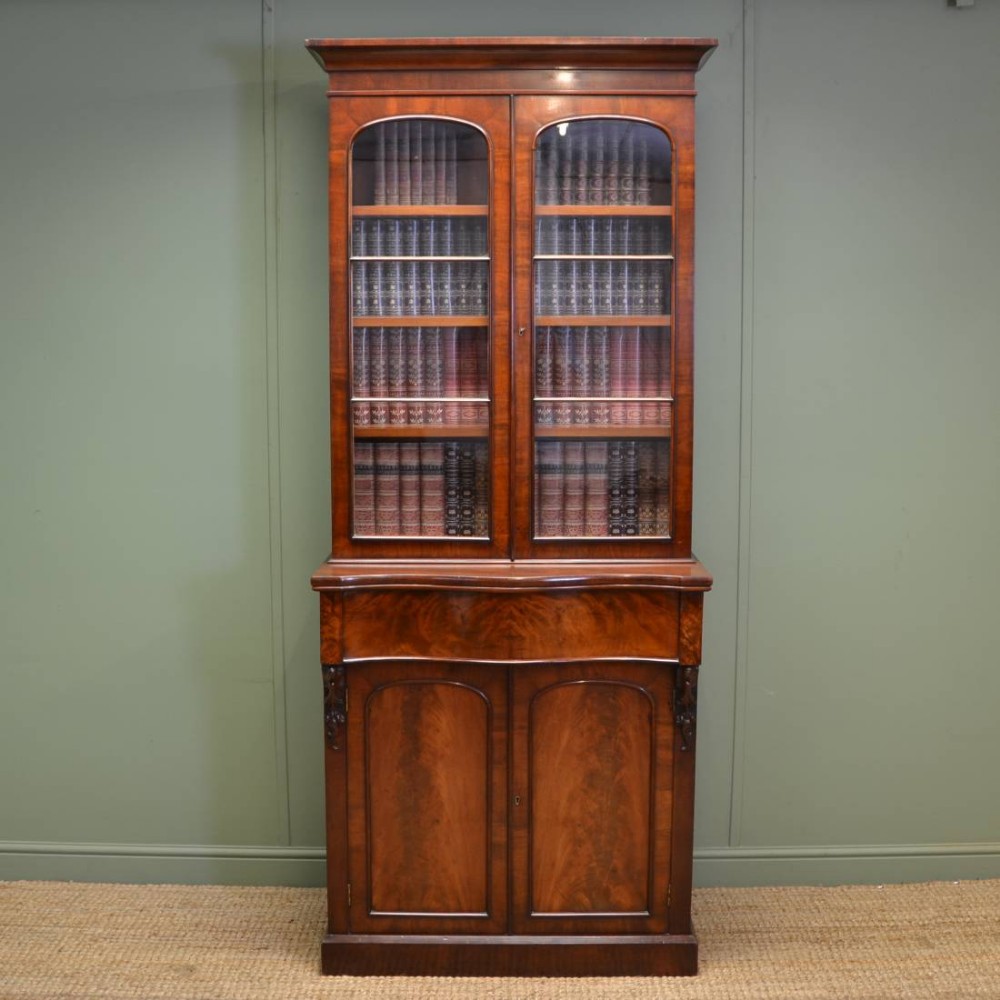 Spectacular Quality Figured Mahogany Victorian Antique Bookcase On Cupboard